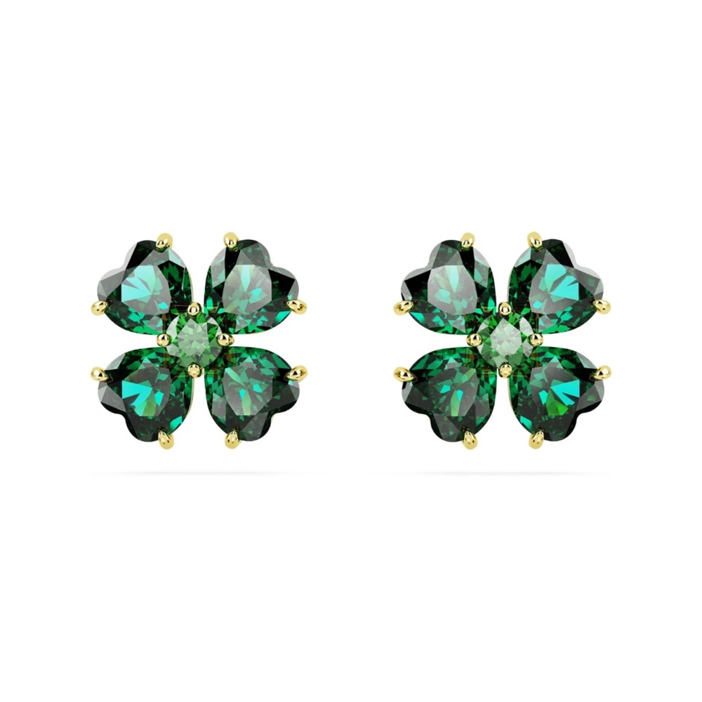 New Swarovski Green Crystal Clover Floral Stud Earrings with Gold Accents